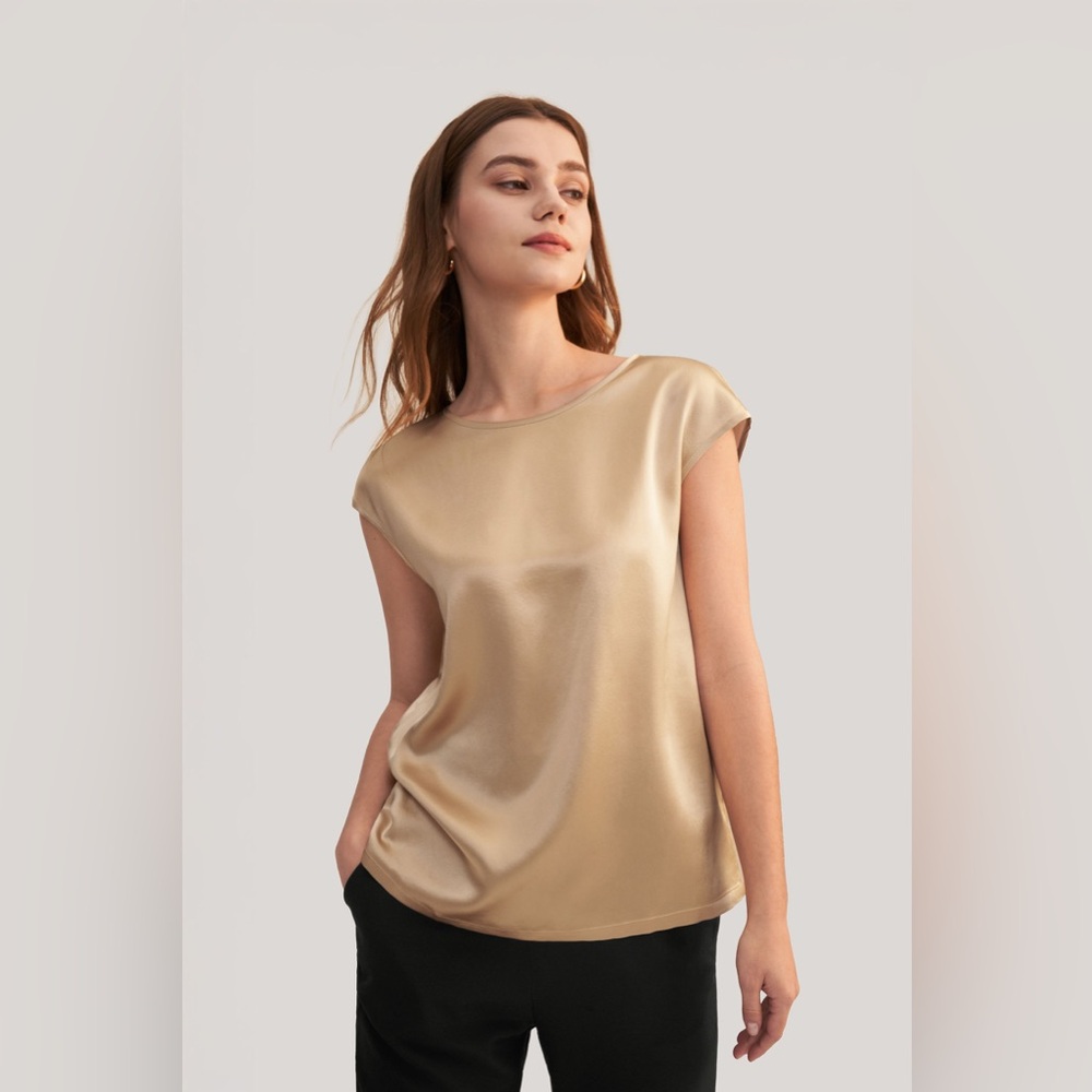 Basic Cap Sleeves Silk Camel Tee Elegant Formal Evening Wedding Party Blouse XL